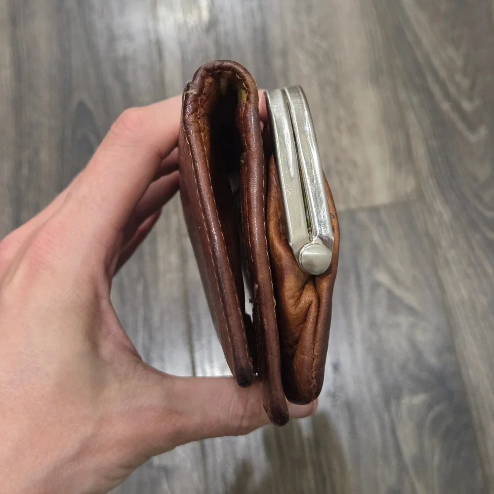 Fossil Kisslock Leather Clutch Wallet Brown Coin Pouch Card Holder Vintage
